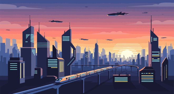 Futuristic cityscape illustration with flying vehicles and a monorail train at sunset, vector art