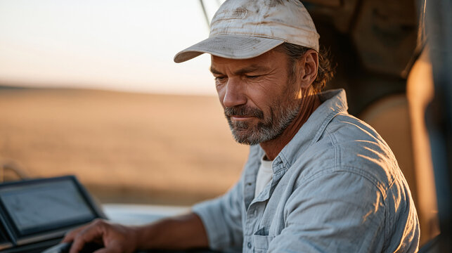 Combine harvester operator reviewing a crop maturity model on a cab-mounted touchscreen, grain moisture trending toward optimal, harvest timing optimization algorithm flagging a