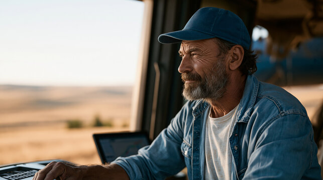 Combine harvester operator reviewing a crop maturity model on a cab-mounted touchscreen, grain moisture trending toward optimal, harvest timing optimization algorithm flagging a