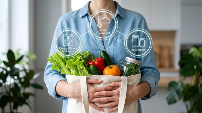 Woman holding reusable canvas bag filled with fresh vegetables alongside digital icons for energy efficient appliances and zero waste