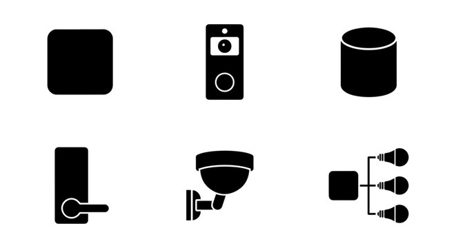 CCTV camera icon set, solid black silhouette, white background
