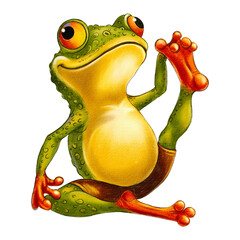 Fototapeta premium Watercolor illustration of a cute cartoon frog stretching legs in brown shorts. Perfect for yoga mats, studio bags, fitness apparel, kids t-shirts, and wellness posters.