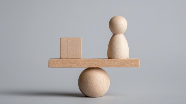 Wooden balance peg doll with a square block on a seesaw, showcasing equilibrium and minimalistic design in contemporary styling for visual harmony