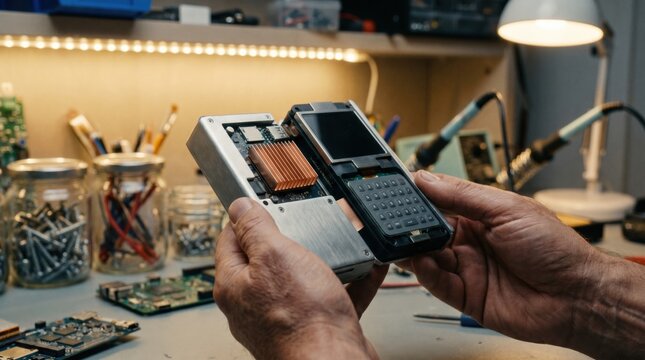 Hands holding a custom electronic handheld device with a copper heatsink and keypad in a professional electronics workshop during a hardware prototyping and repair process