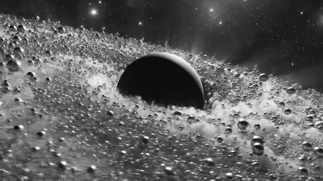 A celestial body emerges from a dense asteroid belt under a star-filled sky.