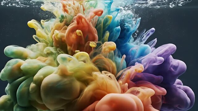 Colorful ink dissolving in water, creating abstract shapes and patterns.