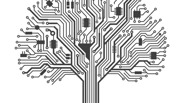 Circuit board tree, electronic schematic illustration, black and white tech design, digital background