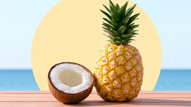 A surreal and joyful summer scene featuring a fresh pineapple and a coconut on a wooden surface, with a tranquil ocean backdrop and bright sun, ideal for wellness themes.