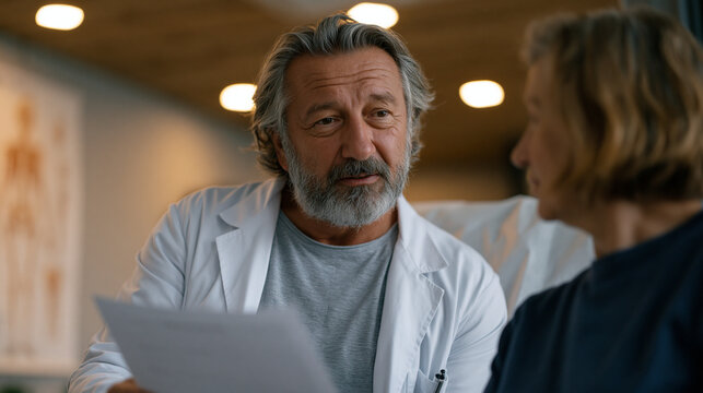 Endocrinologist in hospital examination room holds printed vitamin D blood test results beside anatomical skeleton poster while middle aged male patient seated on paper covered