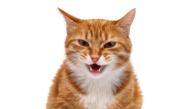 Orange tabby cat with mouth open, showing teeth and tongue