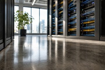 Fototapeta premium Modern server racks in a data center featuring organized network cables and hardware equipment on a polished concrete floor in a bright corporate office environment
