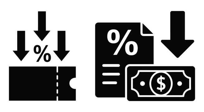 Tax Reduction Icon With Percent Symbol And Currency Black Silhouette