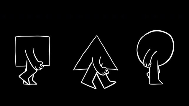 Group of three colorful abstract geometric character shapes. Purple square, yellow triangle and red circle with hands and legs side-walking against white background. 2d animation in color and monochro