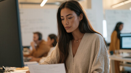 Fototapeta premium Determined Latina paralegal at a standing desk in a busy immigration law firm, cross-referencing visa denial letters with country conditions research as colleagues take calls and