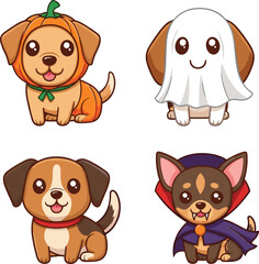 Fototapeta premium Collection of Adorable Halloween Puppies Featuring Dogs in Pumpkin, Ghost, and Vampire Costumes Plus a Happy Beagle for Spooky Season Stickers and Card Designs