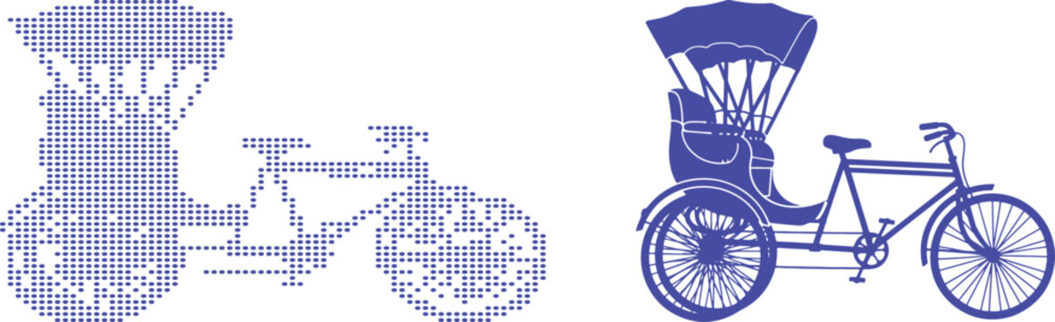Blue Dotted Bicycle and Rickshaw Illustrations On White Background bike transport