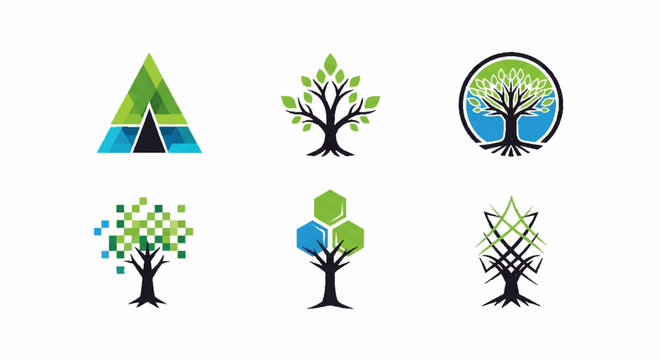 Set of diverse tree logos, nature icons, abstract and pixelated designs for branding