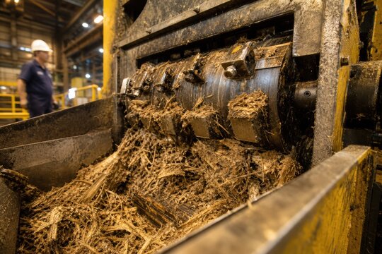 Industrial sugarcane shredding machine processing raw bagasse fibers inside a large manufacturing facility with a worker in safety gear monitoring the production process