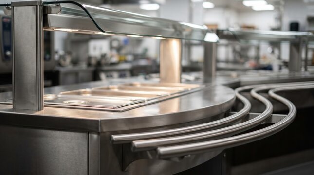 Stainless steel commercial kitchen food serving line with sneeze guard and warming trays in a professional cafeteria or restaurant setting for catering services
