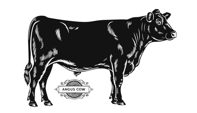 Very beautiful black-and-white engraved vector illustration featuring an ANGUS COW with detailed musculature, realistic fur textures, and a decorative livestock breed label reading "ANGUS COW", render