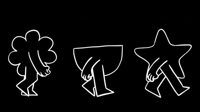 An expressive trio of abstract character shapes. Magenta flower, cyan semi circle or bowl and yellow star walking in profile against blank white backdrop. 2d animation in color and monochrome outline 
