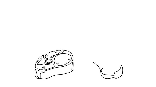 Animated self drawing of continuous line draw of   Meat cuts steak, ham, and chop. Full length one line animation. 4K