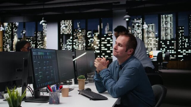 Stressed admin relieved after managing to automate app development using AI scripts. Worried IT expert pleased after leveraging artificial intelligence to accelerate feature implementation.