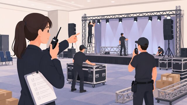 イベント会場のステージ設営現場でインカムを使い指示を出す女性スタッフと作業員のイラスト
