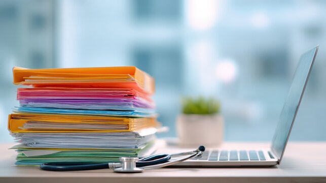 Medical Documentation Stack: A stack of colorful folders sits beside a laptop and stethoscope, symbolizing organized patient records and healthcare administration in a modern medical setting.