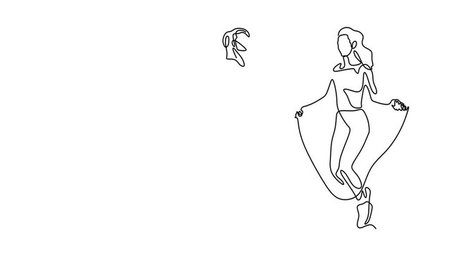 Animated self drawing of continuous line draw of  Women Jumping Rope.  Full length one line animation. 4K