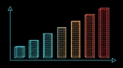 Fototapeta premium Glowing digital bar chart showing upward growth on a dark background with business, marketing