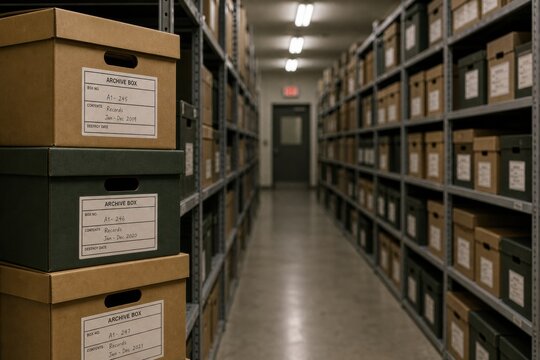 Stacked cardboard archive boxes with record labels stored on metal shelves in a large warehouse facility for long term document storage and organization