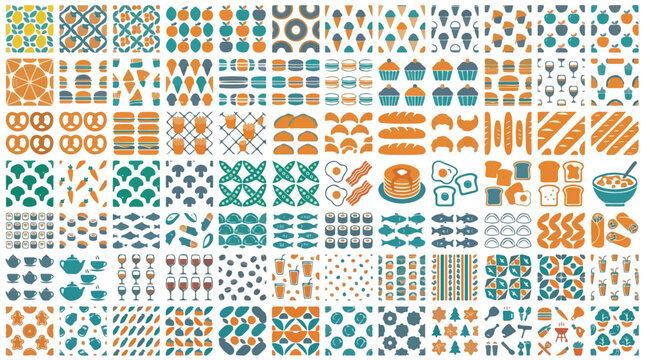 Minimalist food patterns and kitchen icons set, flat vector seamless background collection, orange and teal culinary textures for branding