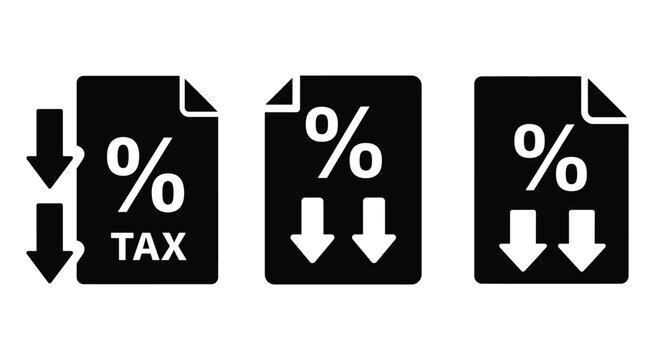 Tax reduction icon with percentage symbol and downward arrows black silhouette