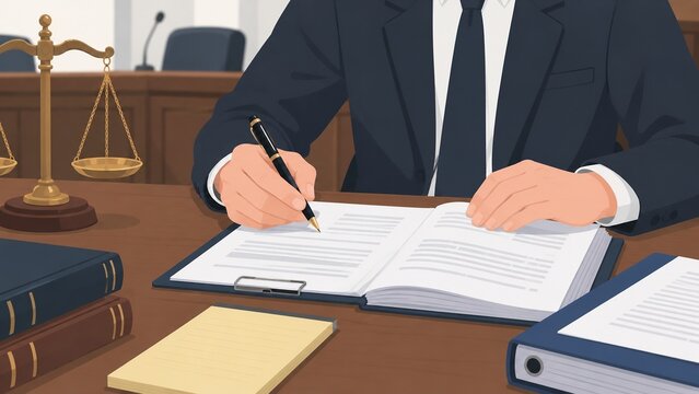 正義の天秤が置かれたデスクで万年筆を使い法的文書や契約書に署名する弁護士の手元
