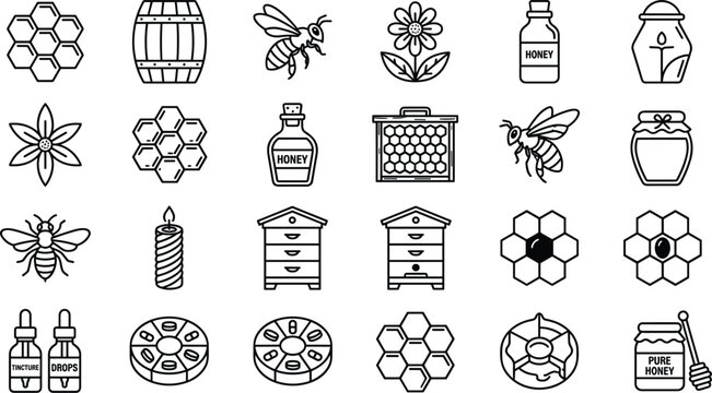 Beekeeping and honey line icons set featuring bees honeycomb hive barrel jars flowers and sweet natural organic products vector