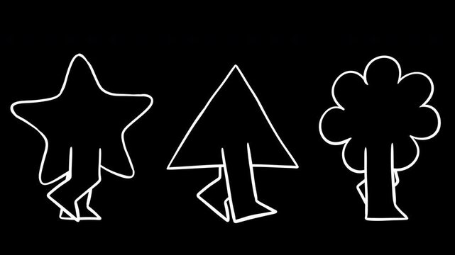 Back view perspective of three whimsical colorful abstract shapes. Yellow star, cyan triangle and magenta flower walking away against solid white background. Loopable 2d animation in color and monochr