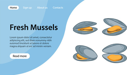 Fresh mussels website landing page template banner design featuring seafood shop interface elements and bivalve shell illustrations © Md