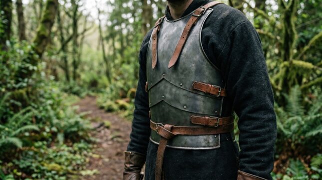 Medieval steel plate armor breastplate with leather straps worn by a warrior standing in a lush green forest during a historical reenactment or fantasy roleplay event