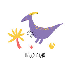 Cute cartoon dinosaur illustration with tropical palm tree and lettering Hello dino. Hand drawn nursery style prehistoric character. For kids apparel, birthday cards, posters, stickers and baby decor © Irina Ostapenko