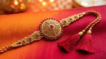 Fototapeta premium Golden rakhi bracelet with red stones and tassels on orange and red fabric