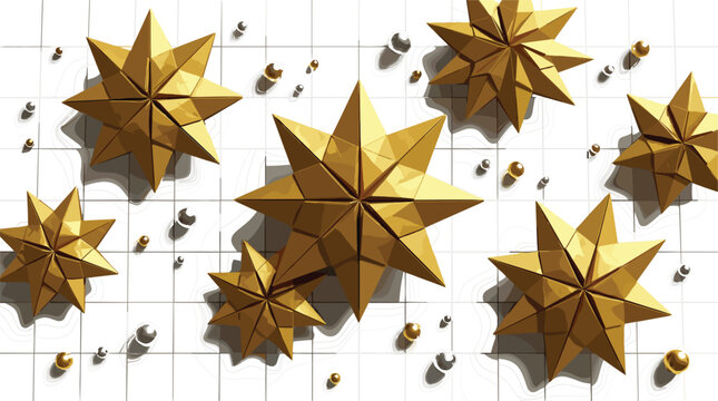 Golden geometric origami stars pattern on white grid background with metallic spheres christmas luxury decoration vector illustration