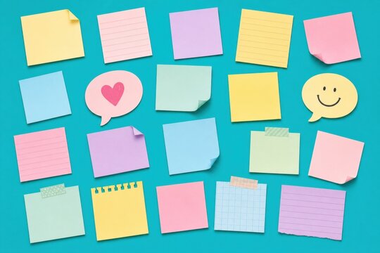 Colorful sticky notes and paper speech bubbles arranged in a grid pattern featuring various pastel shades, heart and smiley face icons, and different paper textures for organization