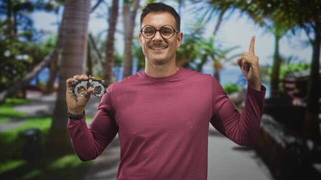 Young hispanic man with moustache wearing round glasses holding an optometry trial frame and pointing finger on a street lined with palm trees; confidence.