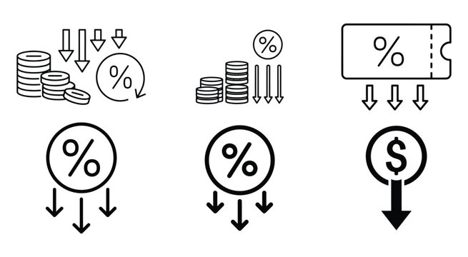 Discount Percent Icon Set With Coins And Downward Arrows Line Style