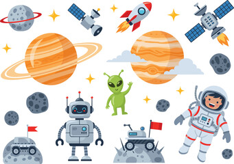 Naklejka premium Flat Vector Space Exploration Icon Set Featuring Astronaut, Alien, Robot, Rocket Ship, Planets, Satellites, and Moon Rover for Science Education and Galaxy Backgrounds