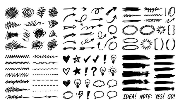 Hand drawn sketch elements collection for creative projects and design