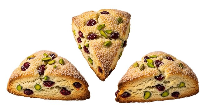 Three cranberry pistachio scones with baked goods cranberry pistachio triangular homemade