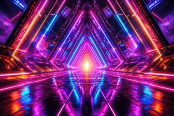 Fototapeta premium Futuristic triangular neon light tunnel corridor with vibrant purple and blue glowing lines leading to a bright central light source in a sci-fi synthwave aesthetic environment