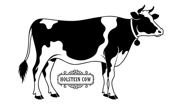 Very beautiful black-and-white engraved vector illustration featuring a HOLSTEIN COW with distinctive dairy cattle features and a decorative breed label reading "HOLSTEIN COW", isolated on white backg